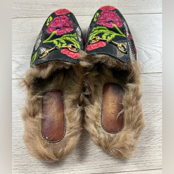 GUCCI Princetown Pink Floral Brocade Jacquard Fur Lined Loafer Slipper Mules - Picture 3 of 12